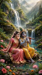 Radha Krishna Images with Flowing Waterfall Background