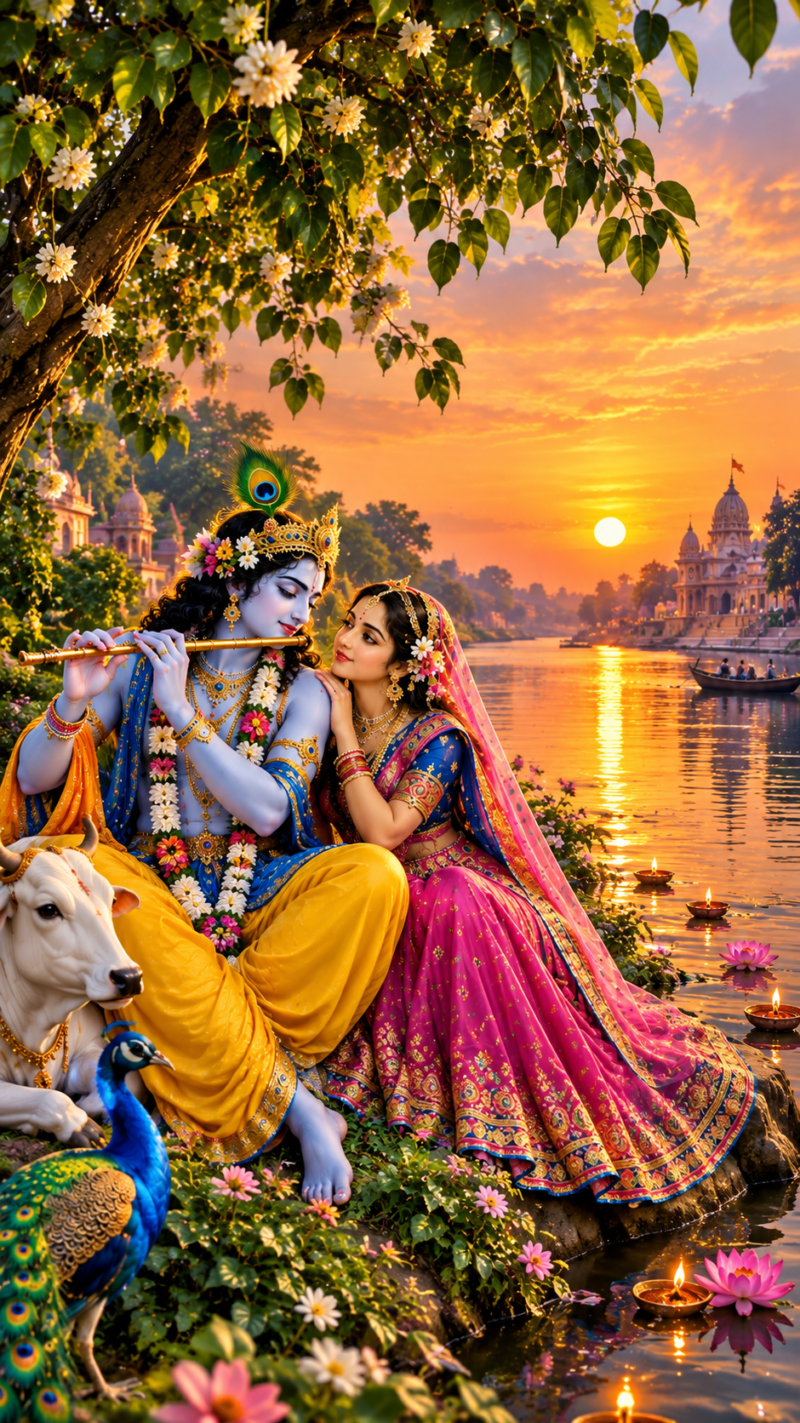 Radha Krishna Images with Yamuna River Sunset
