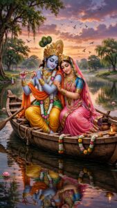 Radha Krishna Images with Riverboat in Yamuna