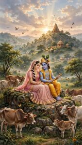 Radha Krishna Images with Sunrise in Govardhan Parvat