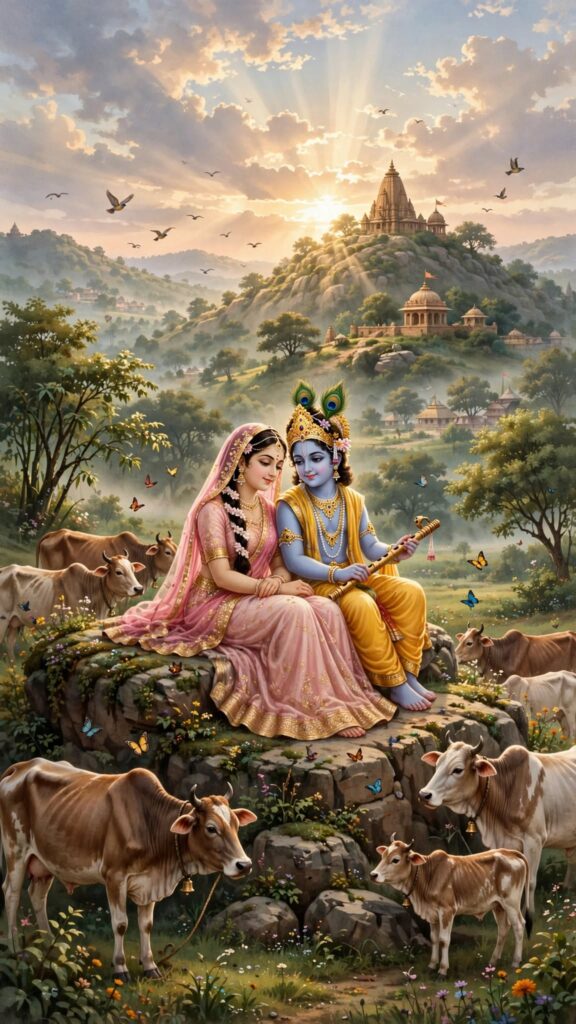 Radha Krishna Images with Sunrise in Govardhan Parvat