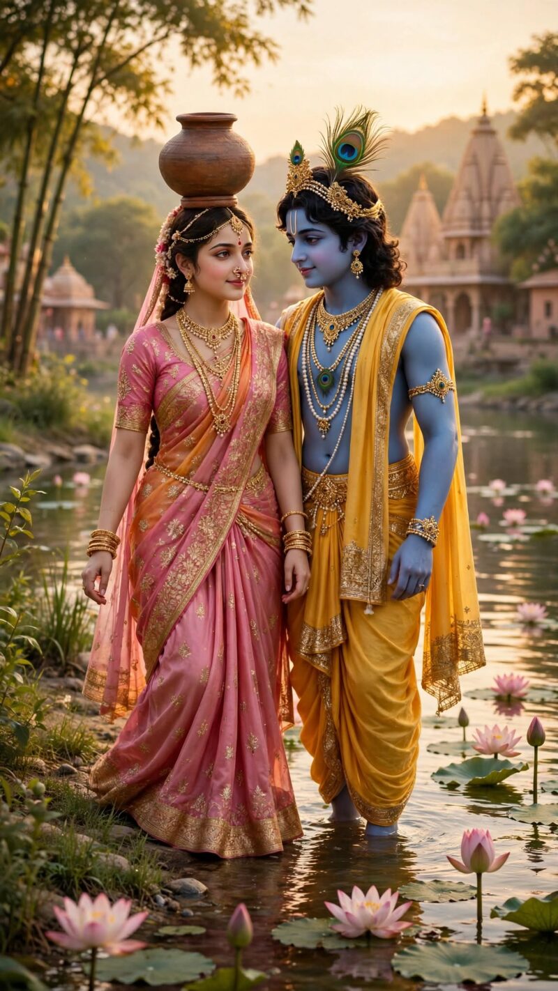 Radha Krishna Images with River Bank and Clay Pot